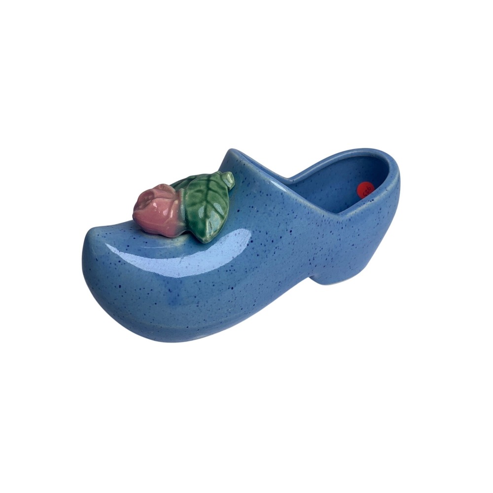 Vintage Blue Speckled Ceramic Dutch Clog Shoe Figurine Pink Rose Floral Planter